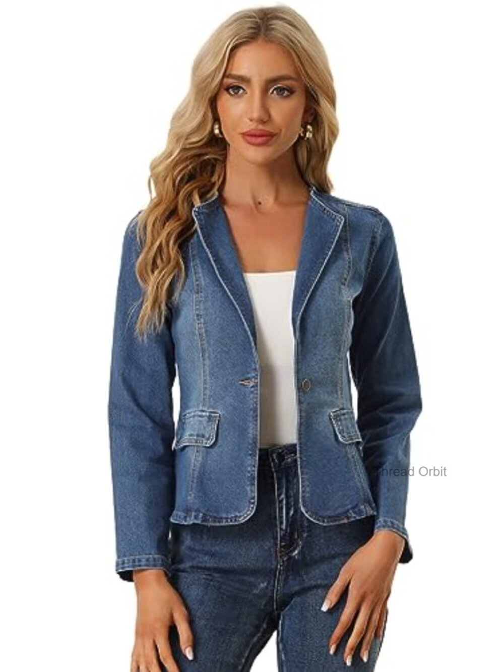 Womens Fitted One Button Denim Blazer Collarless Jean Jacket